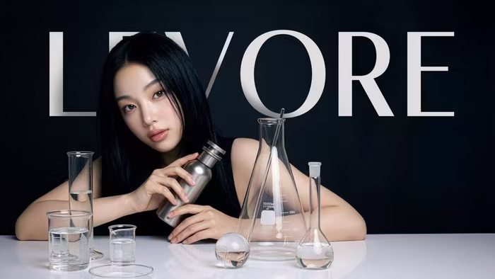 큰 LEVORE 글자 앞에 인물과 유리 용기들을 배치한 표지